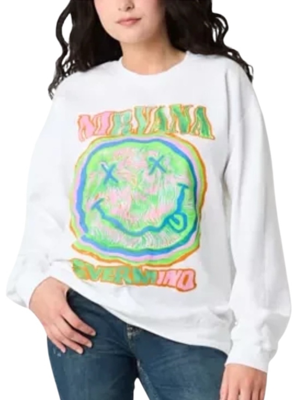 NIRVANA Nevermind Smiley Face White Crewneck Sweatshirt Size XL
